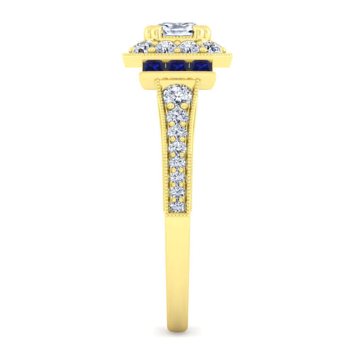 Vintage Inspired 14K Yellow Gold Cushion Halo Sapphire and Diamond Channel Set Engagement Ring