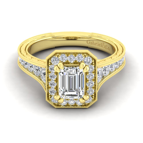 Vintage Inspired 14K Yellow Gold Emerald Halo Diamond Channel Set Engagement Ring Vintage Inspired 14K Yellow Gold Emerald Halo Diamond Channel Set Engagement Ring