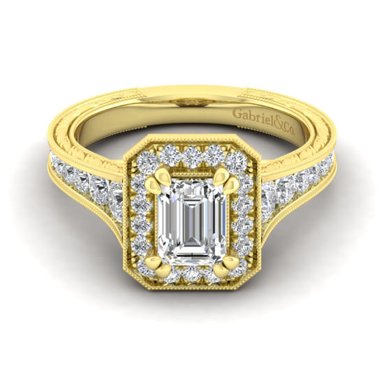 Gabriel - Vintage Inspired 14K Yellow Gold Emerald Halo Diamond Channel Set Engagement Ring Gabriel - Vintage Inspired 14K Yellow Gold Emerald Halo Diamond Channel Set Engagement Ring