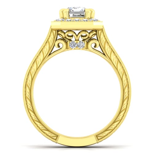 Vintage Inspired 14K Yellow Gold Emerald Halo Diamond Channel Set Engagement Ring Vintage Inspired 14K Yellow Gold Emerald Halo Diamond Channel Set Engagement Ring