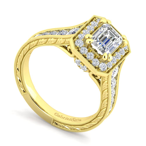Vintage Inspired 14K Yellow Gold Emerald Halo Diamond Channel Set Engagement Ring Vintage Inspired 14K Yellow Gold Emerald Halo Diamond Channel Set Engagement Ring