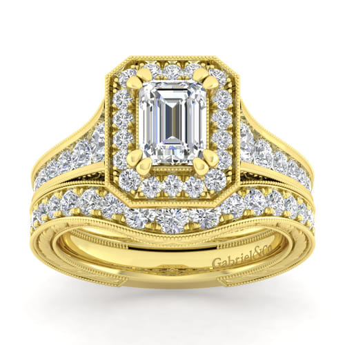 Vintage Inspired 14K Yellow Gold Emerald Halo Diamond Channel Set Engagement Ring Vintage Inspired 14K Yellow Gold Emerald Halo Diamond Channel Set Engagement Ring