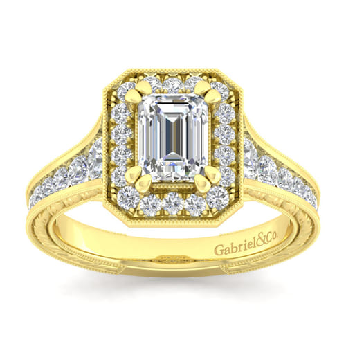 Vintage Inspired 14K Yellow Gold Emerald Halo Diamond Channel Set Engagement Ring Vintage Inspired 14K Yellow Gold Emerald Halo Diamond Channel Set Engagement Ring