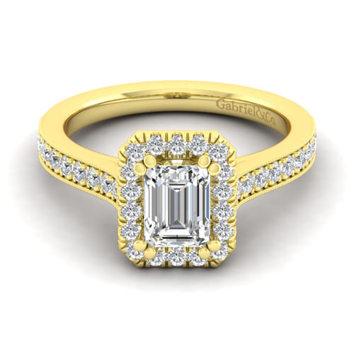 Vintage Inspired 14K Yellow Gold Emerald Halo Diamond Engagement Ring