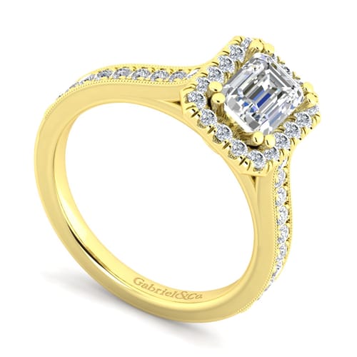 Vintage Inspired 14K Yellow Gold Emerald Halo Diamond Engagement Ring