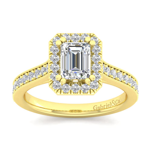 Vintage Inspired 14K Yellow Gold Emerald Halo Diamond Engagement Ring