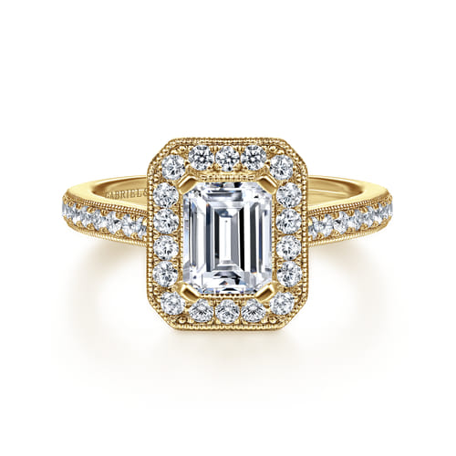 Vintage Inspired 14K Yellow Gold Emerald Halo Diamond Engagement Ring