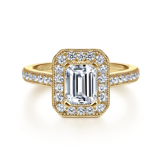 Gabriel - Vintage Inspired 14K Yellow Gold Emerald Halo Diamond Engagement Ring