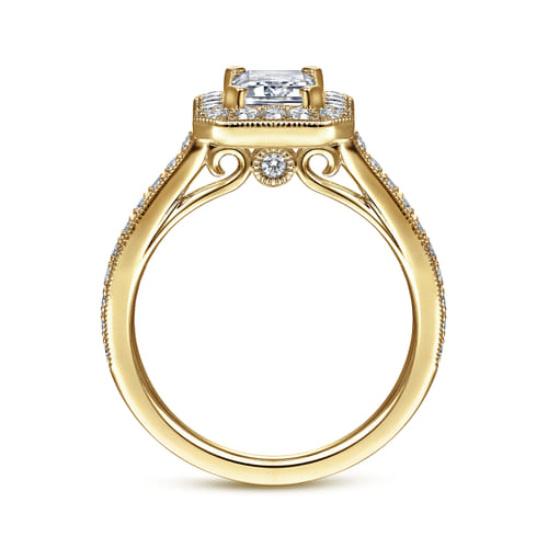 Vintage Inspired 14K Yellow Gold Emerald Halo Diamond Engagement Ring