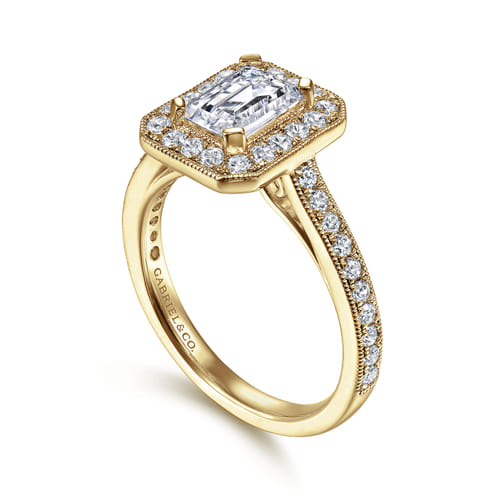 Vintage Inspired 14K Yellow Gold Emerald Halo Diamond Engagement Ring