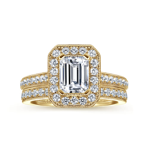 Vintage Inspired 14K Yellow Gold Emerald Halo Diamond Engagement Ring