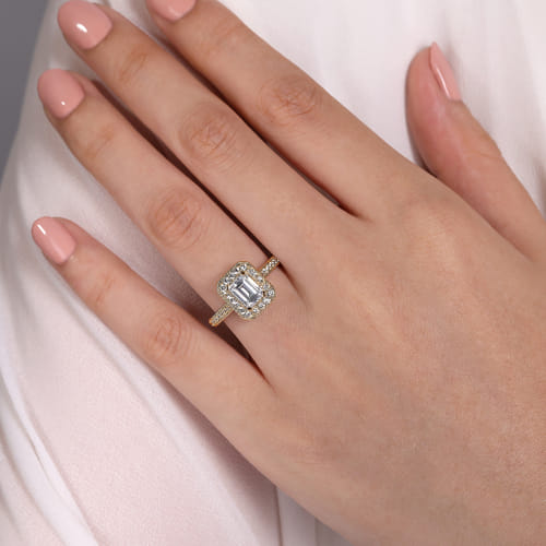 Vintage Inspired 14K Yellow Gold Emerald Halo Diamond Engagement Ring