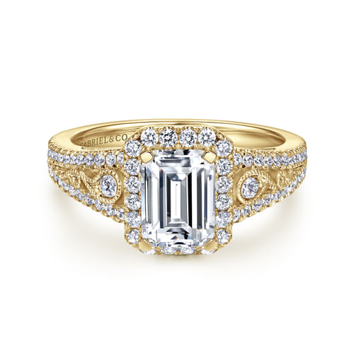 Vintage Inspired 14K Yellow Gold Emerald Halo Diamond Engagement Ring
