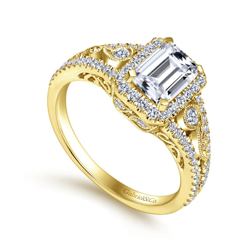 Vintage Inspired 14K Yellow Gold Emerald Halo Diamond Engagement Ring