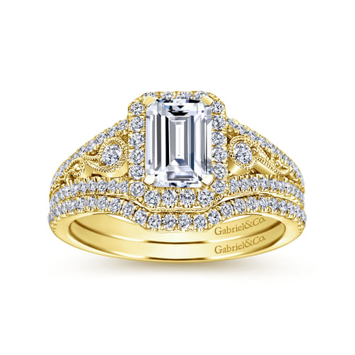 Vintage Inspired 14K Yellow Gold Emerald Halo Diamond Engagement Ring