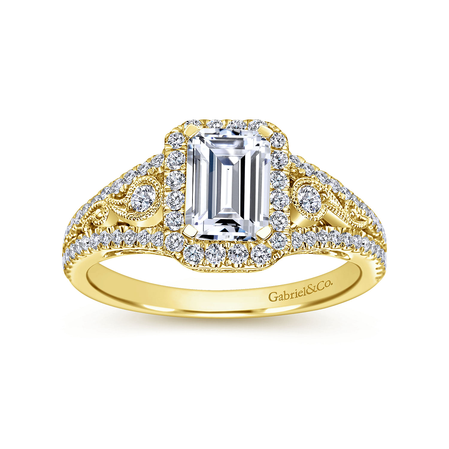 Vintage Inspired 14K Yellow Gold Emerald Halo Diamond Engagement Ring