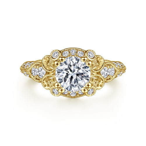 Vintage Inspired 14K Yellow Gold Fancy Halo Round Diamond Engagement Ring