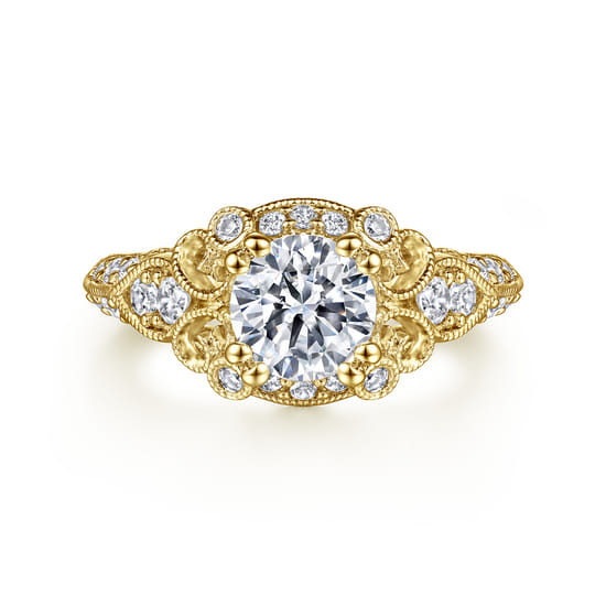 Gabriel - Vintage Inspired 14K Yellow Gold Fancy Halo Round Diamond Engagement Ring
