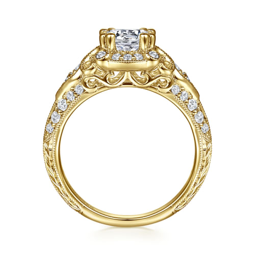Vintage Inspired 14K Yellow Gold Fancy Halo Round Diamond Engagement Ring