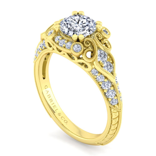 Vintage Inspired 14K Yellow Gold Fancy Halo Round Diamond Engagement Ring