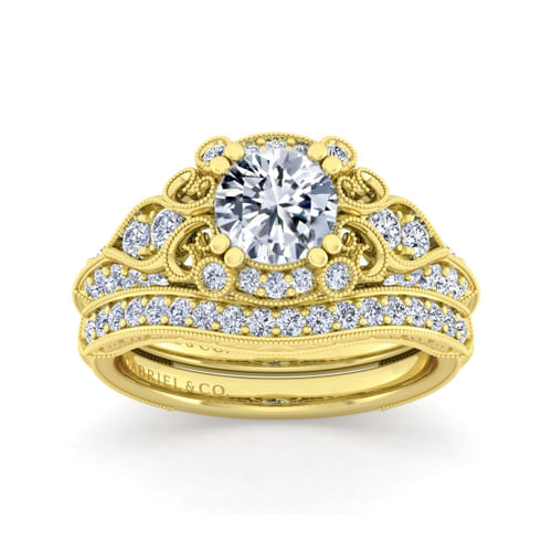 Vintage Inspired 14K Yellow Gold Fancy Halo Round Diamond Engagement Ring