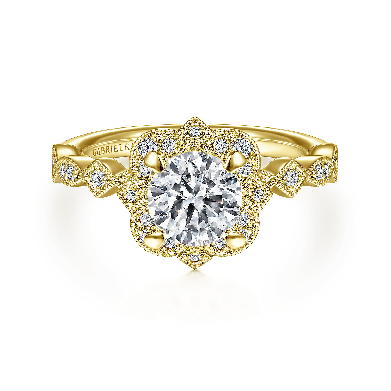 Gabriel - Vintage Inspired 14K Yellow Gold Fancy Halo Round Diamond Engagement Ring
