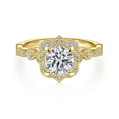 Vintage Inspired 14K Yellow Gold Fancy Halo Round Diamond Engagement Ring