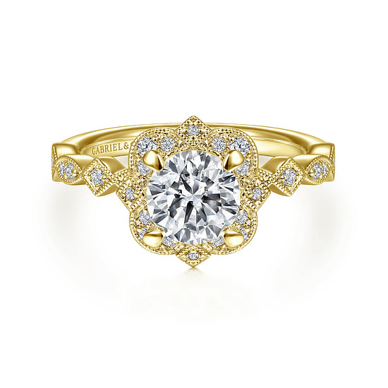 Gabriel - Vintage Inspired 14K Yellow Gold Fancy Halo Round Diamond Engagement Ring