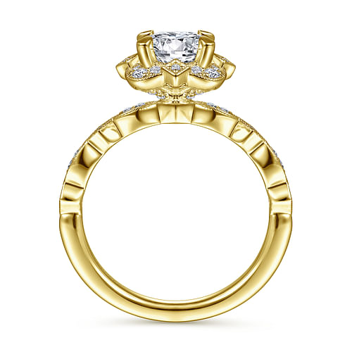 Vintage Inspired 14K Yellow Gold Fancy Halo Round Diamond Engagement Ring