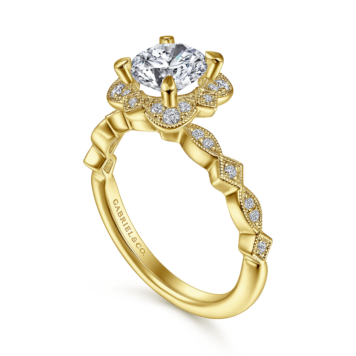 Vintage Inspired 14K Yellow Gold Fancy Halo Round Diamond Engagement Ring