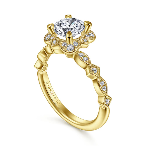 Vintage Inspired 14K Yellow Gold Fancy Halo Round Diamond Engagement Ring