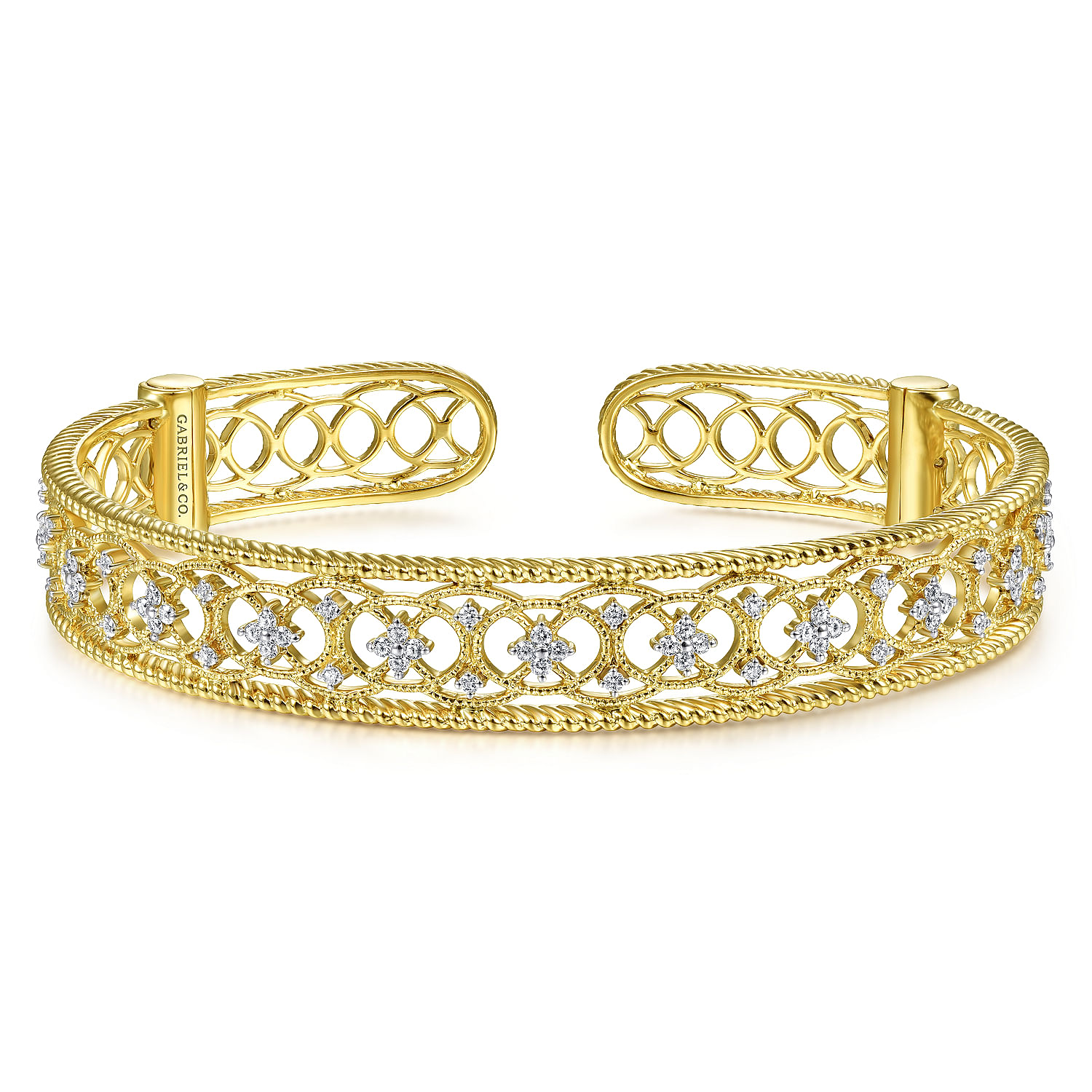 Gabriel - Vintage Inspired 14K Yellow Gold Filigree Diamond Cuff Bracelet