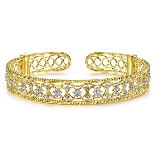 Vintage Inspired 14K Yellow Gold Filigree Diamond Cuff Bracelet