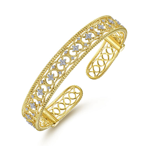 Vintage Inspired 14K Yellow Gold Filigree Diamond Cuff Bracelet