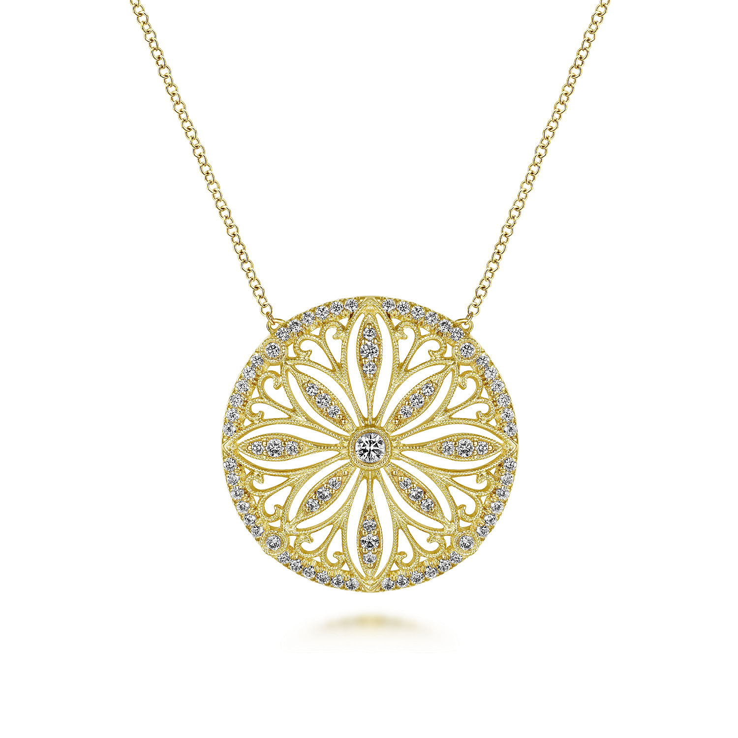 Vintage Inspired 14K Yellow Gold Floral Diamond Pendant Necklace