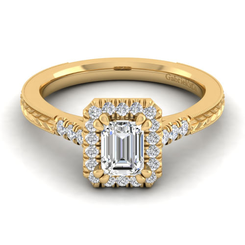 Vintage Inspired 14K Yellow Gold Halo Emerald Cut Diamond Engagement Ring