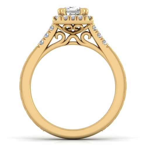 Vintage Inspired 14K Yellow Gold Halo Emerald Cut Diamond Engagement Ring