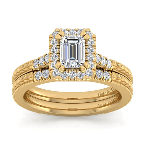 Vintage Inspired 14K Yellow Gold Halo Emerald Cut Diamond Engagement Ring