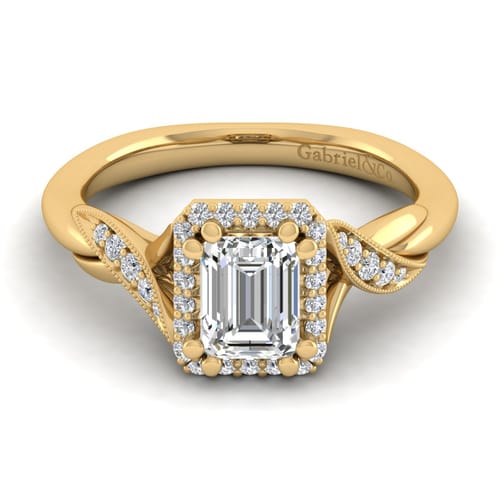 Vintage Inspired 14K Yellow Gold Halo Emerald Cut Diamond Engagement Ring