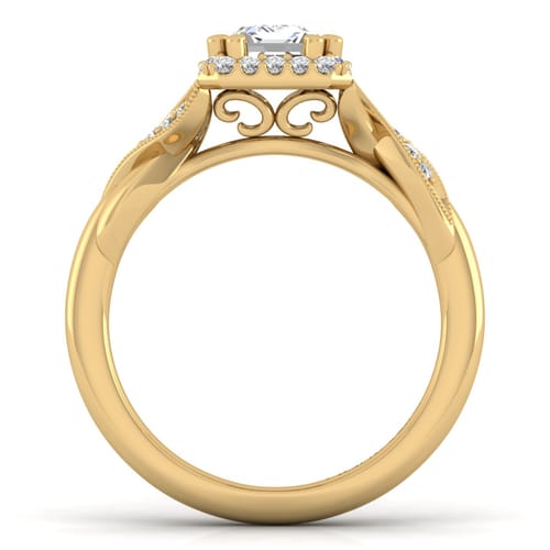 Vintage Inspired 14K Yellow Gold Halo Emerald Cut Diamond Engagement Ring