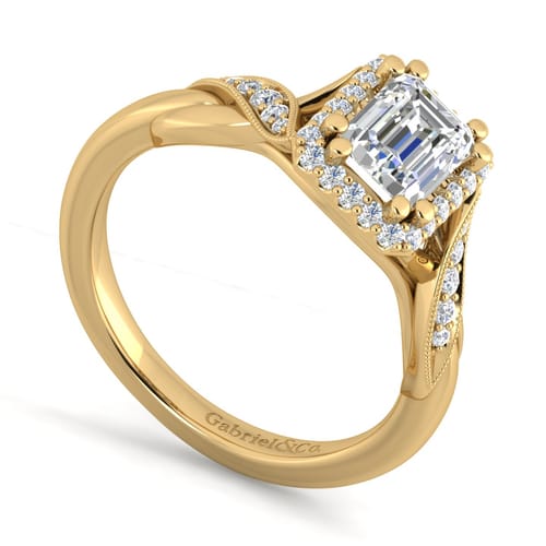 Vintage Inspired 14K Yellow Gold Halo Emerald Cut Diamond Engagement Ring