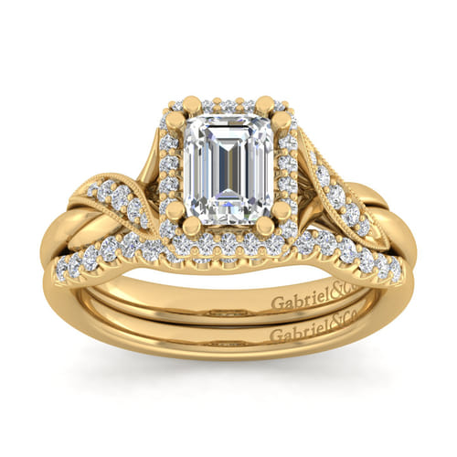 Vintage Inspired 14K Yellow Gold Halo Emerald Cut Diamond Engagement Ring