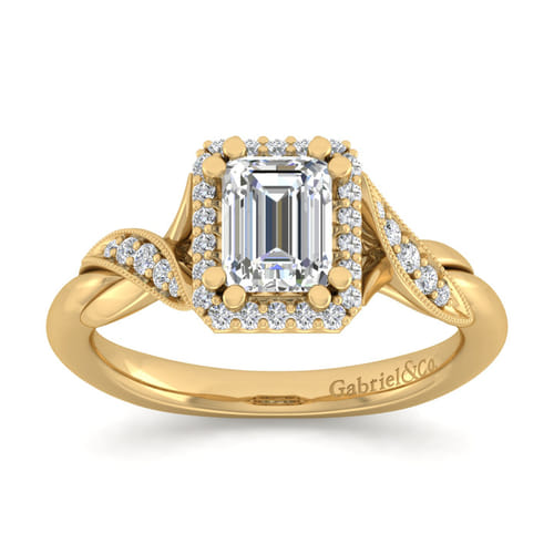 Vintage Inspired 14K Yellow Gold Halo Emerald Cut Diamond Engagement Ring