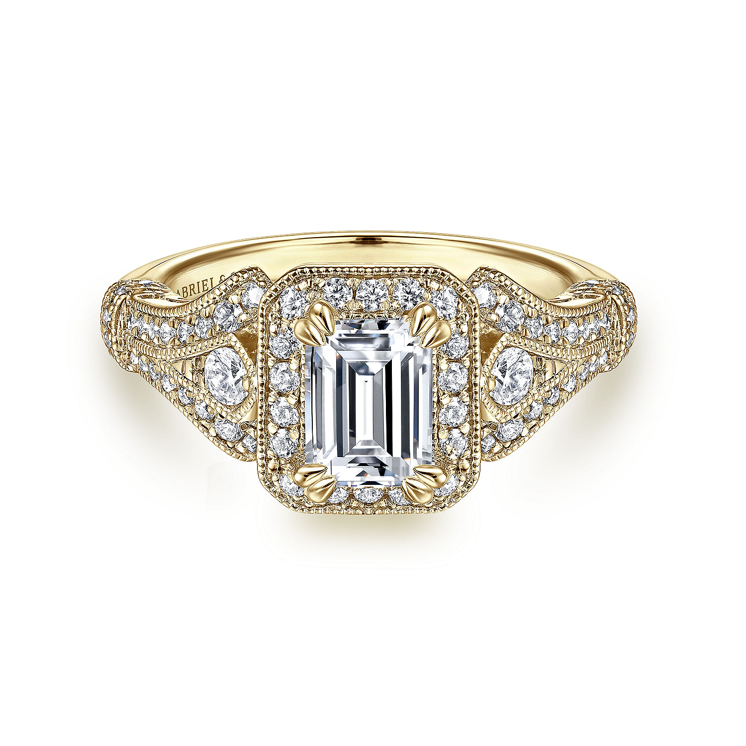 Vintage Inspired 14K Yellow Gold Halo Emerald Cut Diamond Engagement Ring