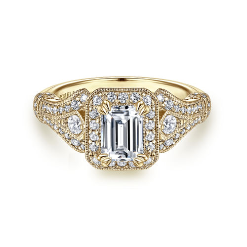 Vintage Inspired 14K Yellow Gold Halo Emerald Cut Diamond Engagement Ring