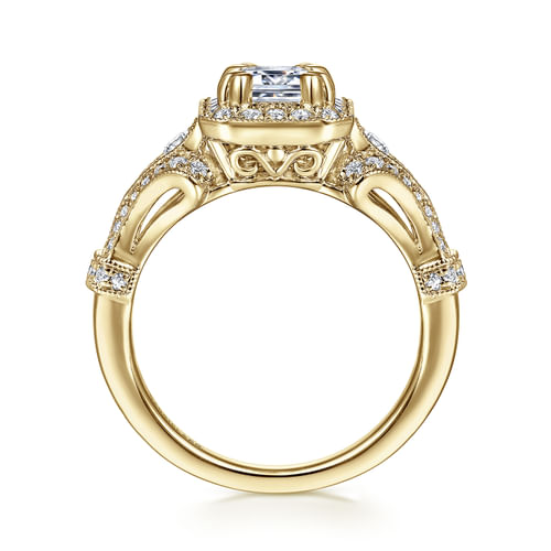 Vintage Inspired 14K Yellow Gold Halo Emerald Cut Diamond Engagement Ring