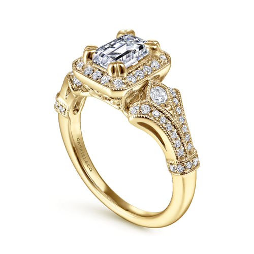 Vintage Inspired 14K Yellow Gold Halo Emerald Cut Diamond Engagement Ring
