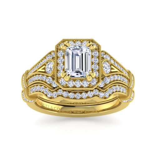 Vintage Inspired 14K Yellow Gold Halo Emerald Cut Diamond Engagement Ring
