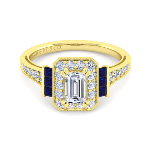 Vintage Inspired 14K Yellow Gold Halo Emerald Cut Sapphire and Diamond Channel Set Engagement Ring