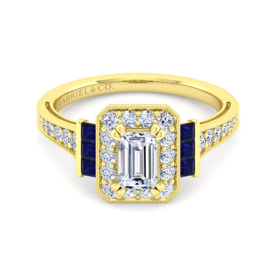 Gabriel - Vintage Inspired 14K Yellow Gold Halo Emerald Cut Sapphire and Diamond Channel Set Engagement Ring